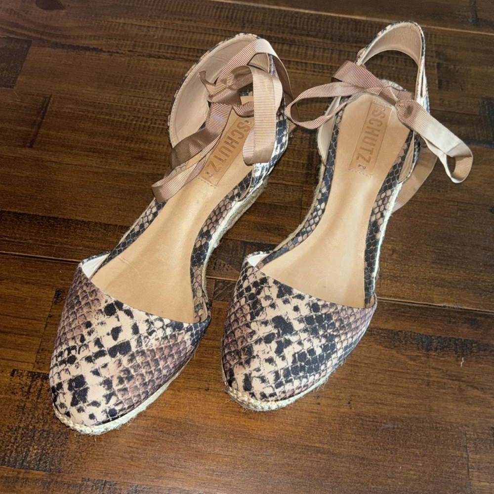 SCHUTZ Snake Print Espadrille Wedge in Beige and Black with Tan Ankle Tie - Picture 2 of 7